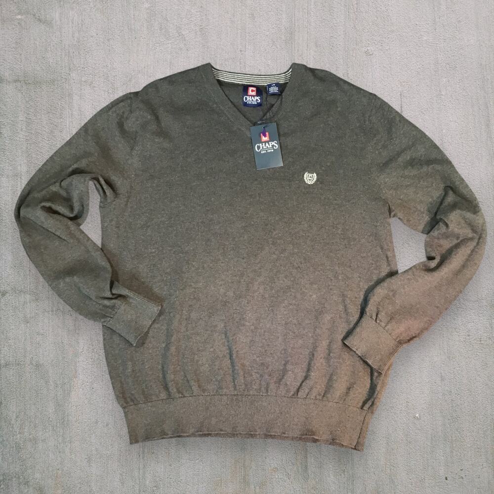 NWT Chaps Men’s V-Neck Sweater Large Charcoal Heather Gray 100% Cotton Knit